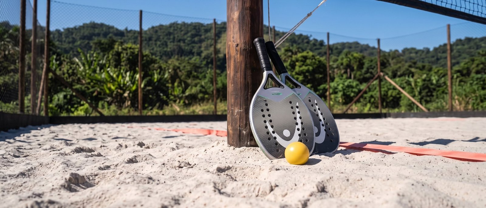Raquetes de beach tennis encostadas no poste da quadra